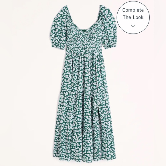 Abercrombie & Fitch Women’s Green Floral Print Short-Sleeve Smocked Midi Dress - Picture 6 of 10